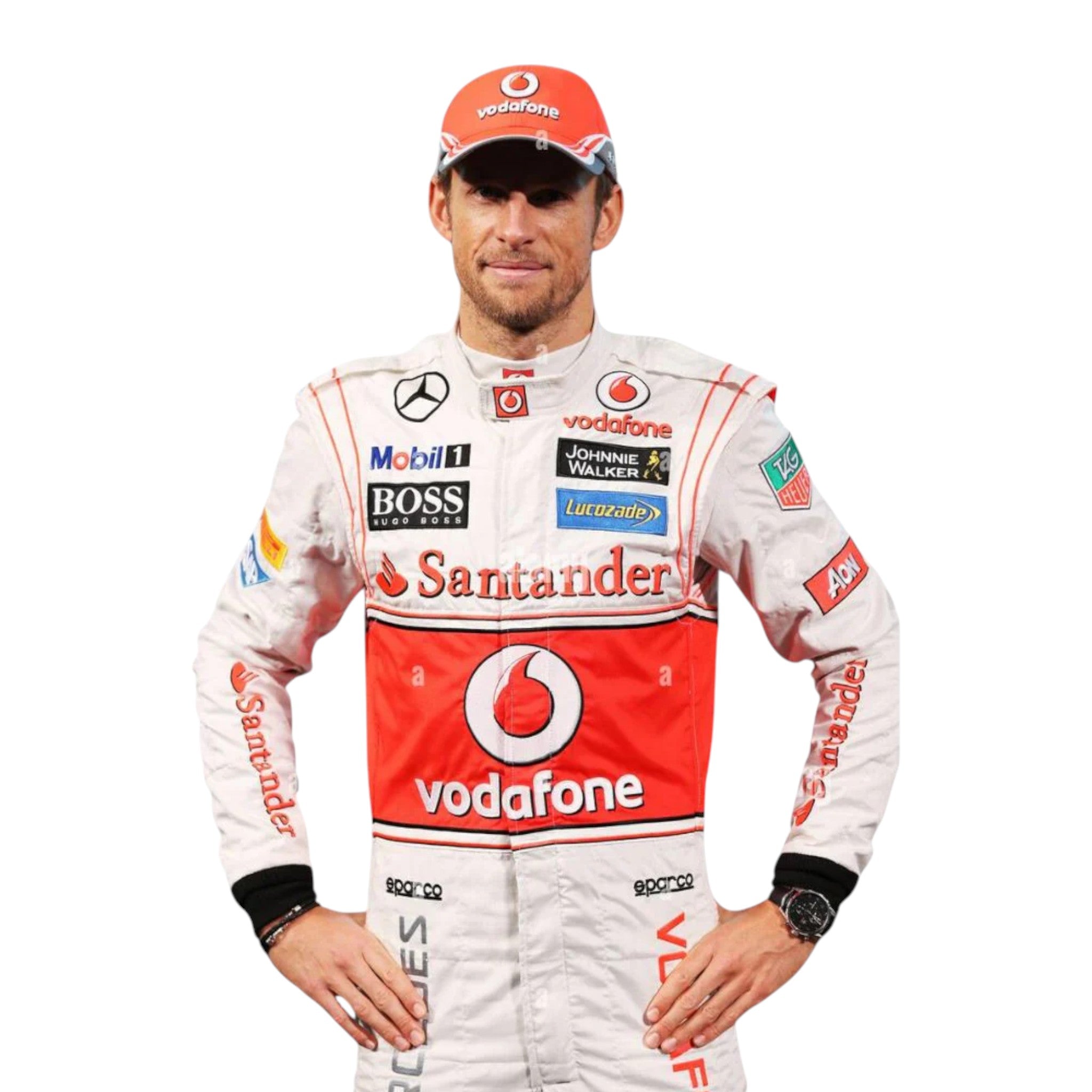 Jenson Button 2013 McLaren F1 race suit in silver, white, and red with McLaren Mercedes sponsor logos