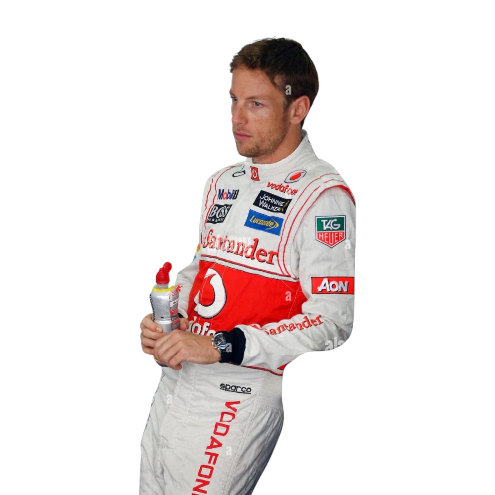 Jenson Button 2013 McLaren F1 race suit in silver, white, and red with McLaren Mercedes sponsor logos