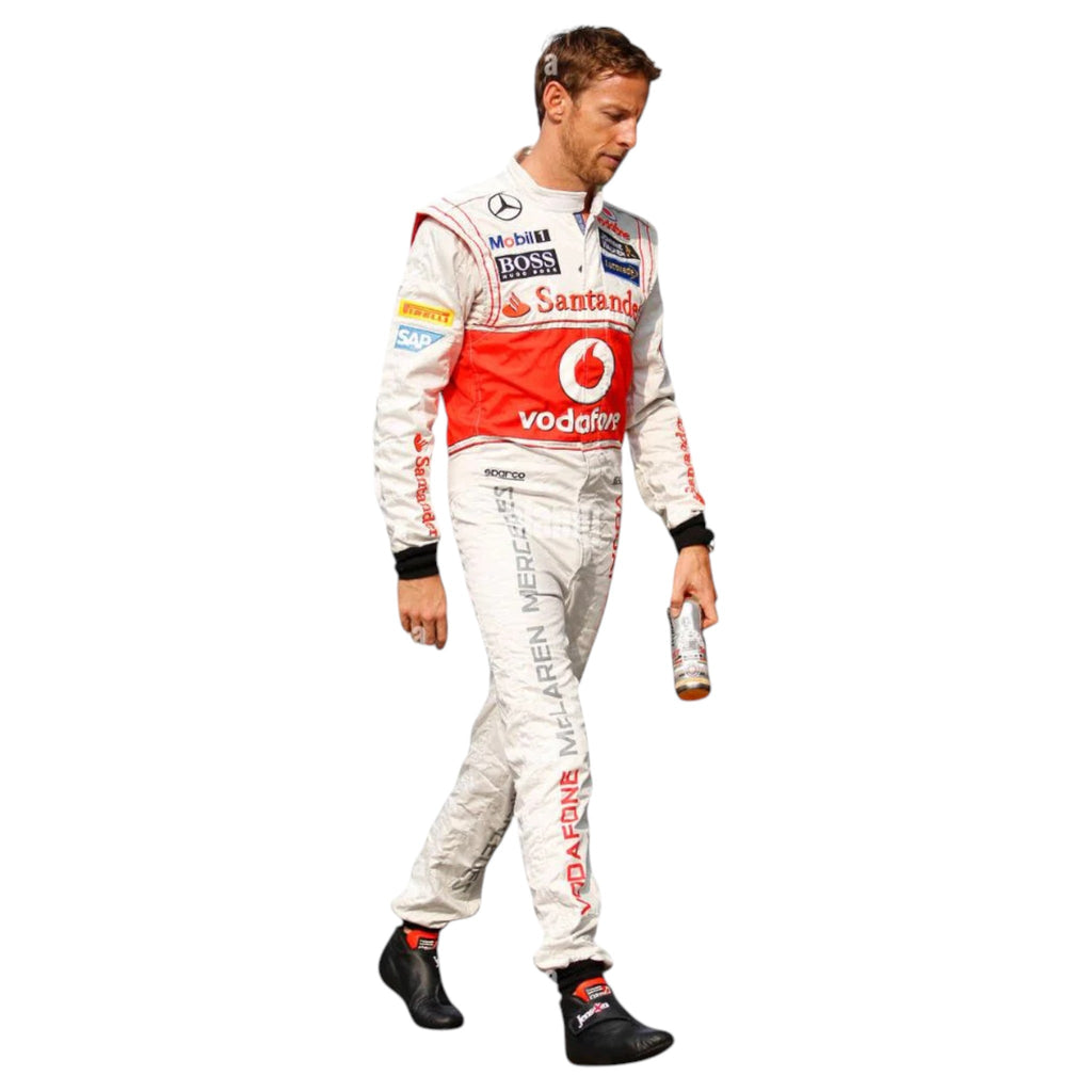 Jenson Button 2013 McLaren F1 race suit in silver, white, and red with McLaren Mercedes sponsor logos