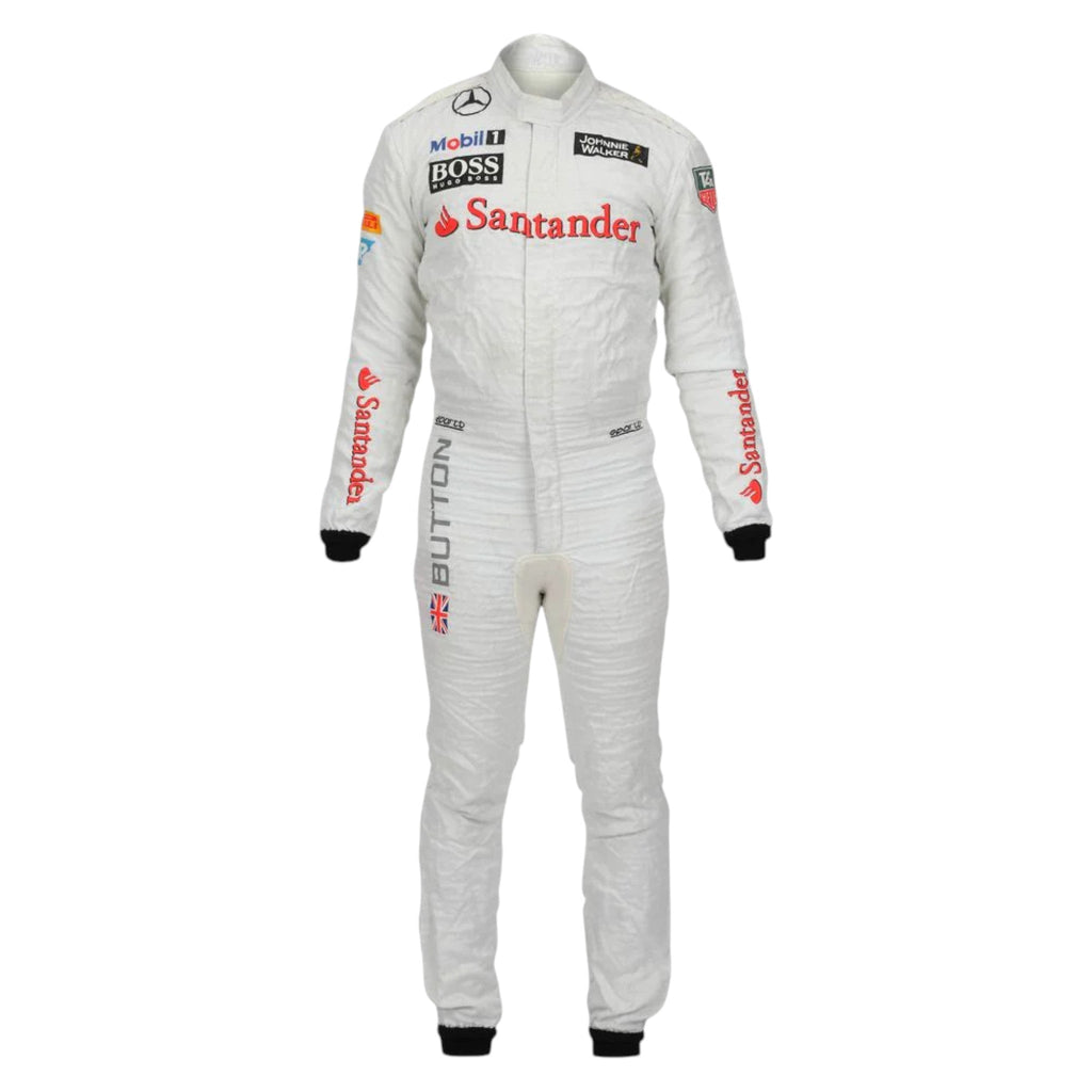 Jenson Button 2014 McLaren F1 race suit in white with fluorescent orange-red sponsor detailing and McLaren Mercedes branding