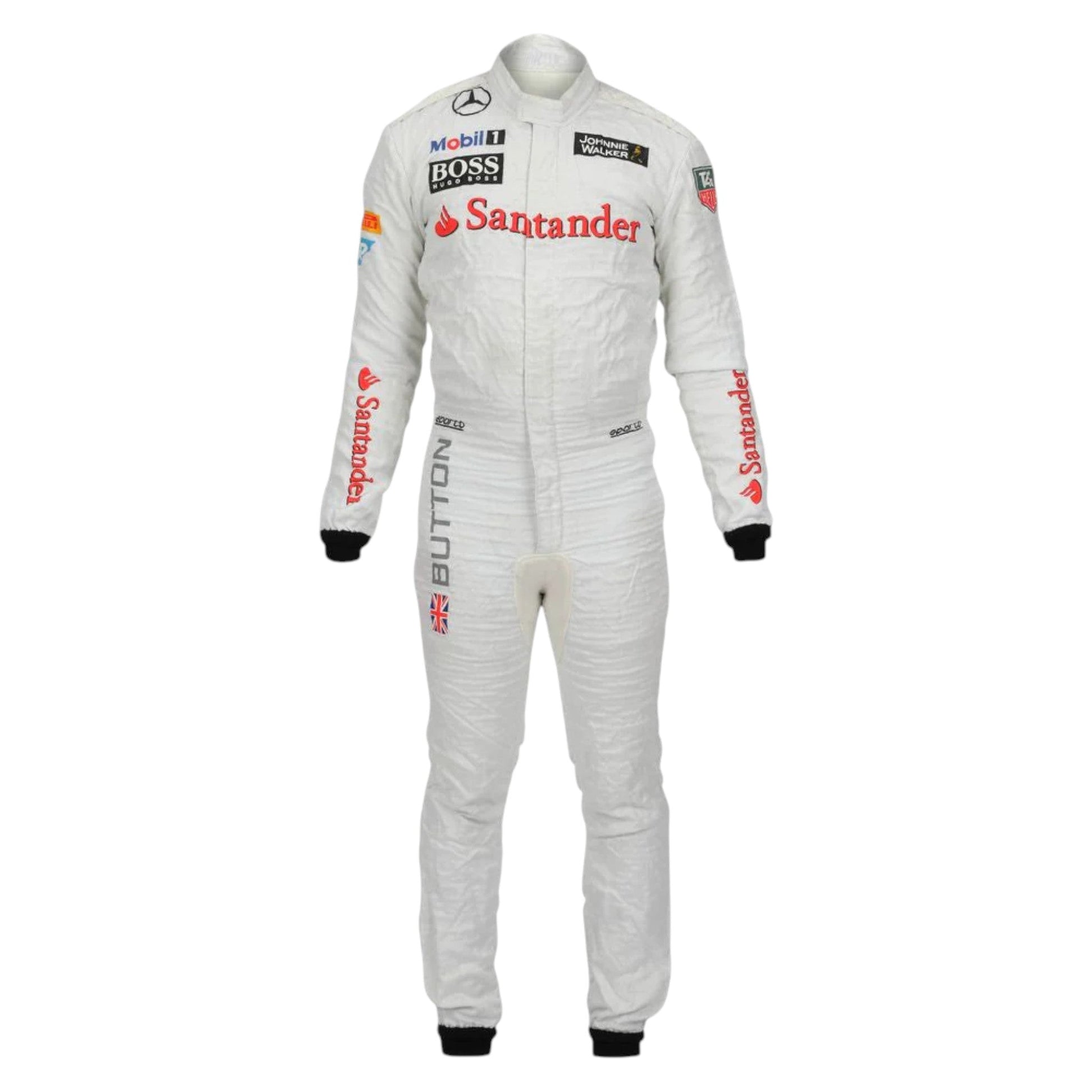 Jenson Button 2014 McLaren F1 race suit in white with fluorescent orange-red sponsor detailing and McLaren Mercedes branding