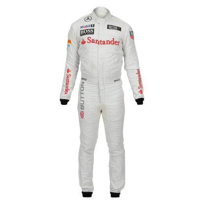 Jenson Button 2014 McLaren F1 race suit in white with fluorescent orange-red sponsor detailing and McLaren Mercedes branding