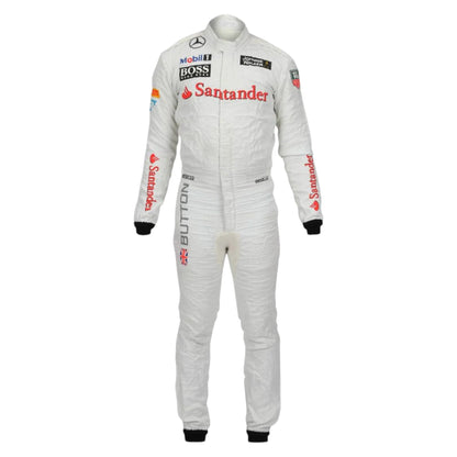 Jenson Button 2014 McLaren F1 race suit in white with fluorescent orange-red sponsor detailing and McLaren Mercedes branding