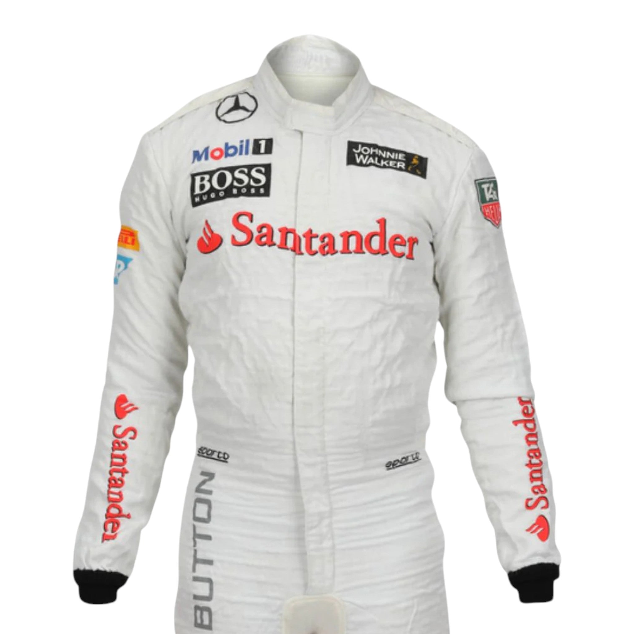 Jenson Button 2014 McLaren F1 race suit in white with fluorescent orange-red sponsor detailing and McLaren Mercedes branding