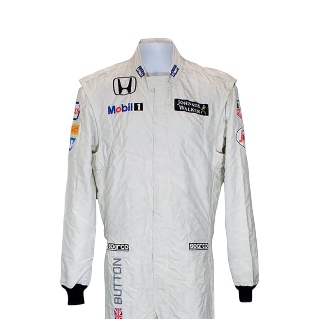 Jenson Button 2015 McLaren F1 race suit in white with McLaren Honda branding and sponsor logos
