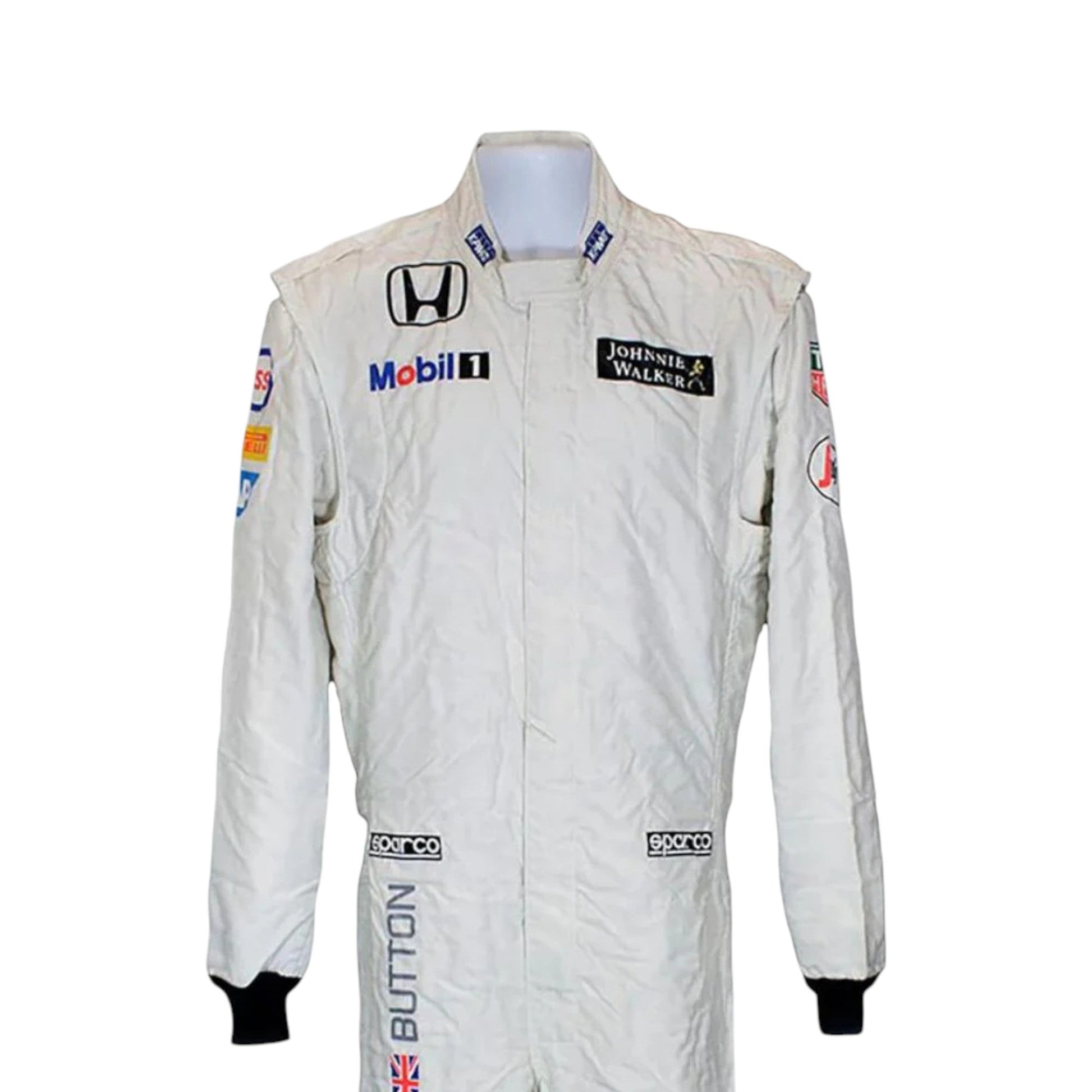 Jenson Button 2015 McLaren F1 race suit in white with McLaren Honda branding and sponsor logos
