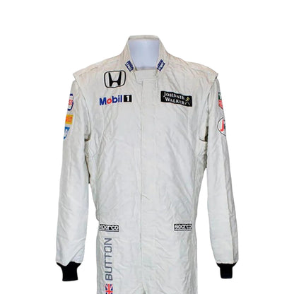 Jenson Button 2015 McLaren F1 race suit in white with McLaren Honda branding and sponsor logos
