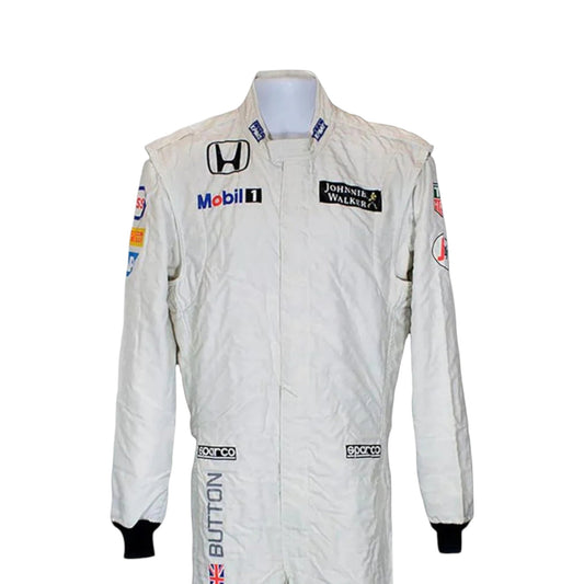 Jenson Button 2015 McLaren F1 race suit in white with McLaren Honda branding and sponsor logos
