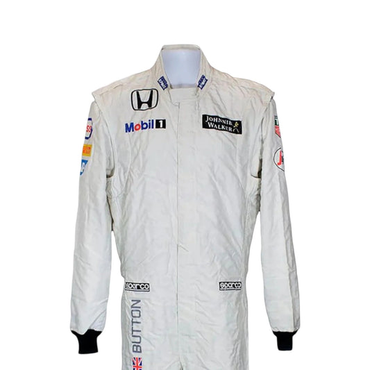 Jenson Button 2015 McLaren F1 race suit in white with McLaren Honda branding and sponsor logos