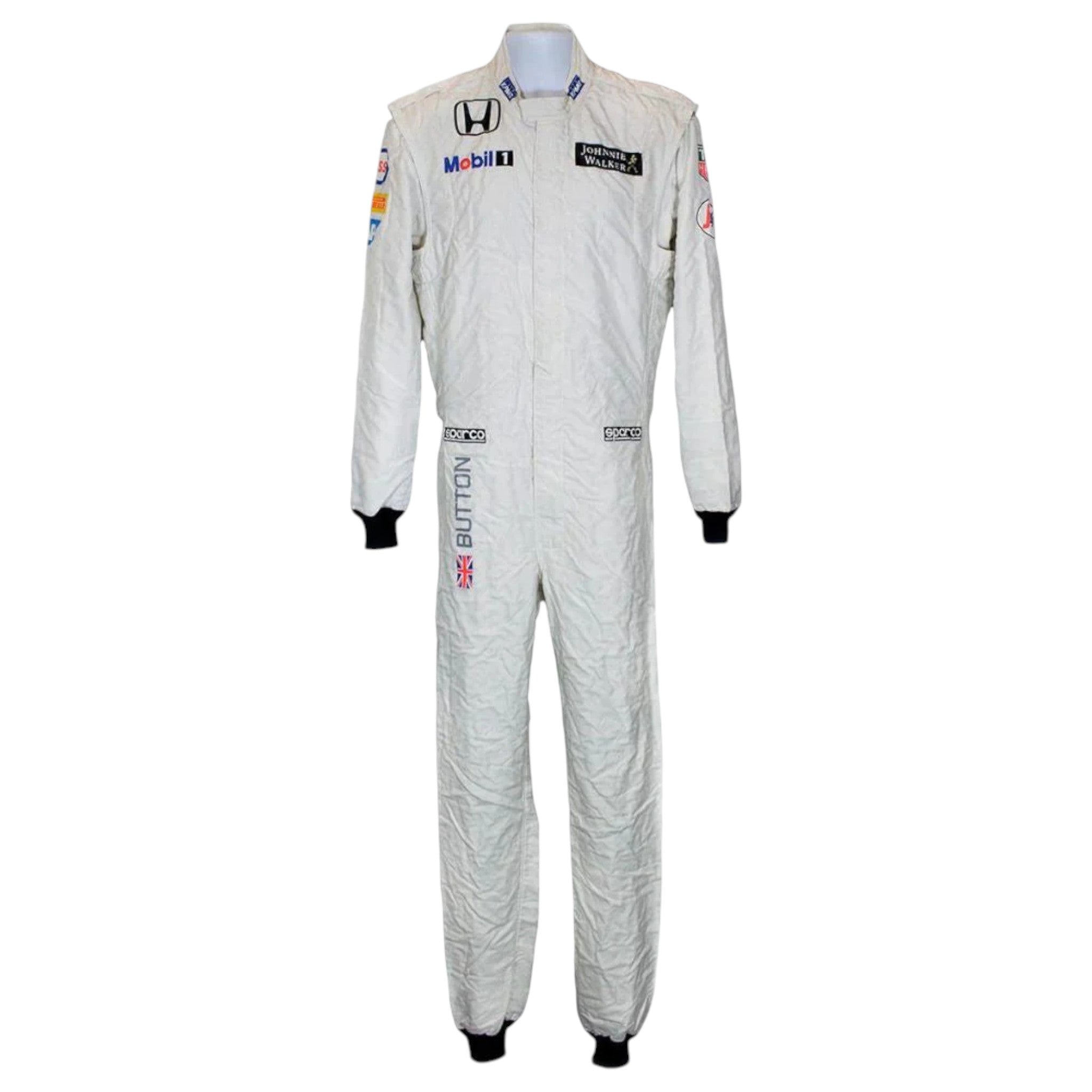 Jenson Button 2015 McLaren F1 race suit in white with McLaren Honda branding and sponsor logos