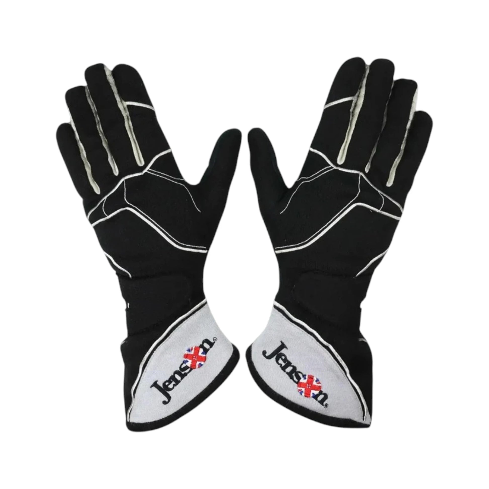 Jenson Button 2015 McLaren F1 Racing Gloves in black and white with Jenson Button sponsor logos and premium motorsport detailing