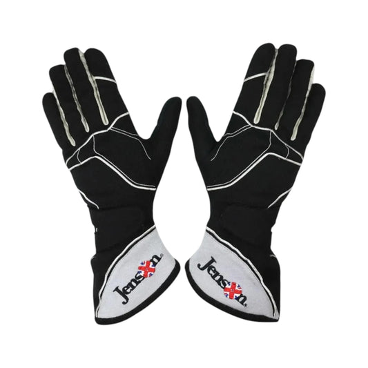Jenson Button 2015 McLaren F1 Racing Gloves in black and white with Jenson Button sponsor logos and premium motorsport detailing