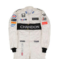 Jenson Button 2016 McLaren F1 race suit in white with black Chandon branding and McLaren Honda sponsor logos
