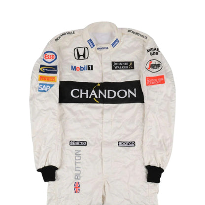 Jenson Button 2016 McLaren F1 race suit in white with black Chandon branding and McLaren Honda sponsor logos
