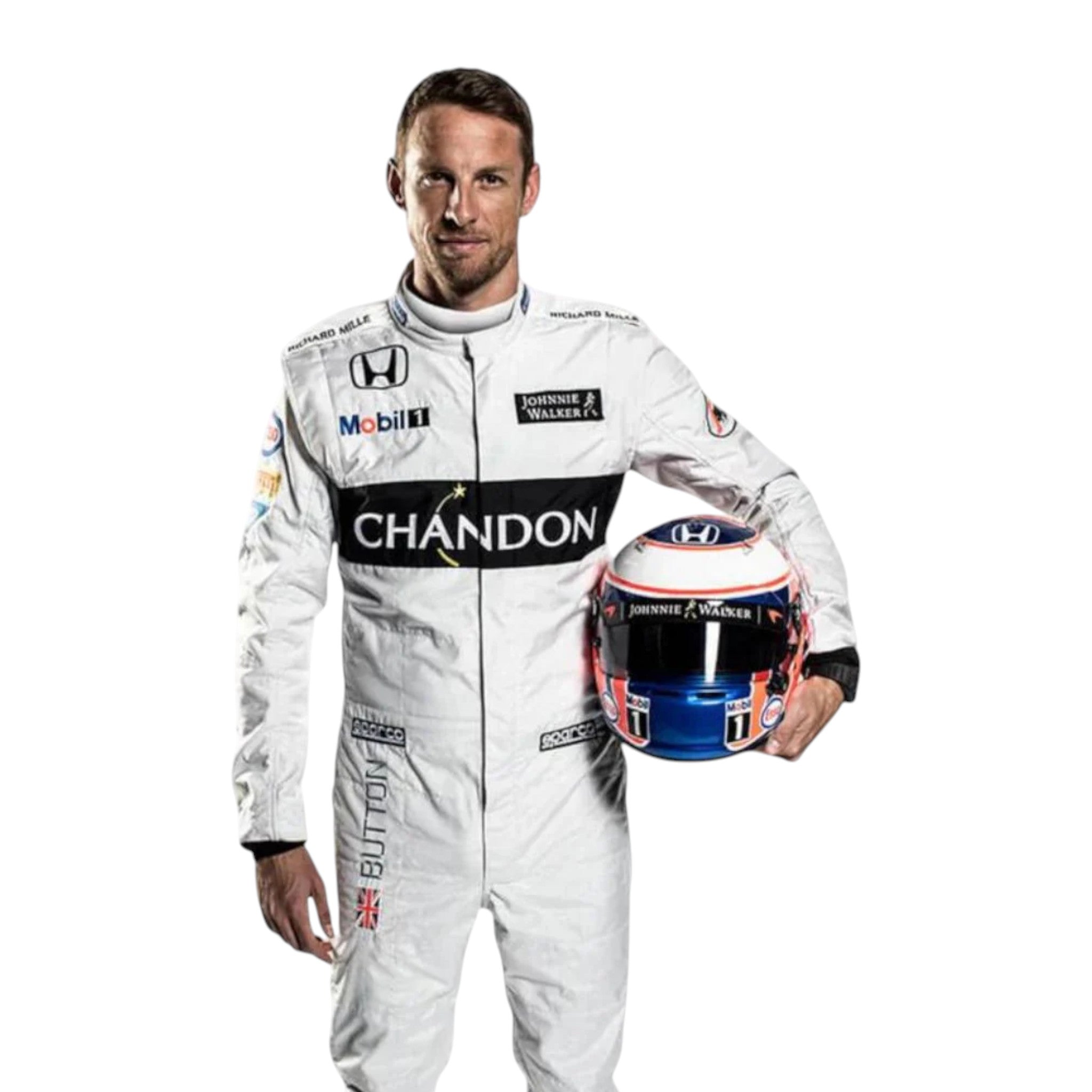 Jenson Button 2016 McLaren F1 race suit in white with black Chandon branding and McLaren Honda sponsor logos