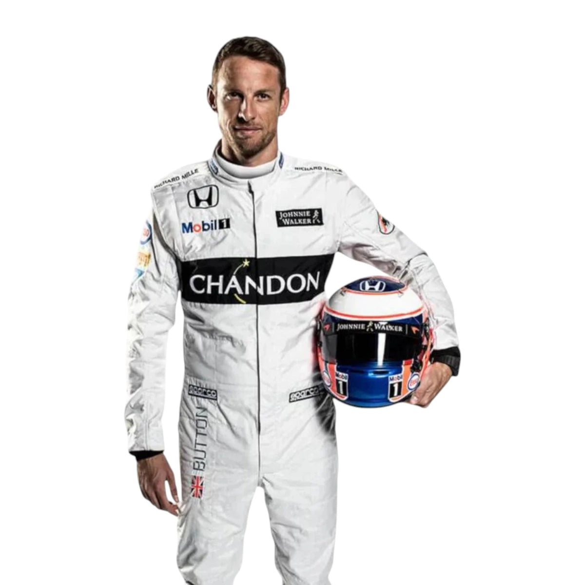 Jenson Button 2016 McLaren F1 race suit in white with black Chandon branding and McLaren Honda sponsor logos