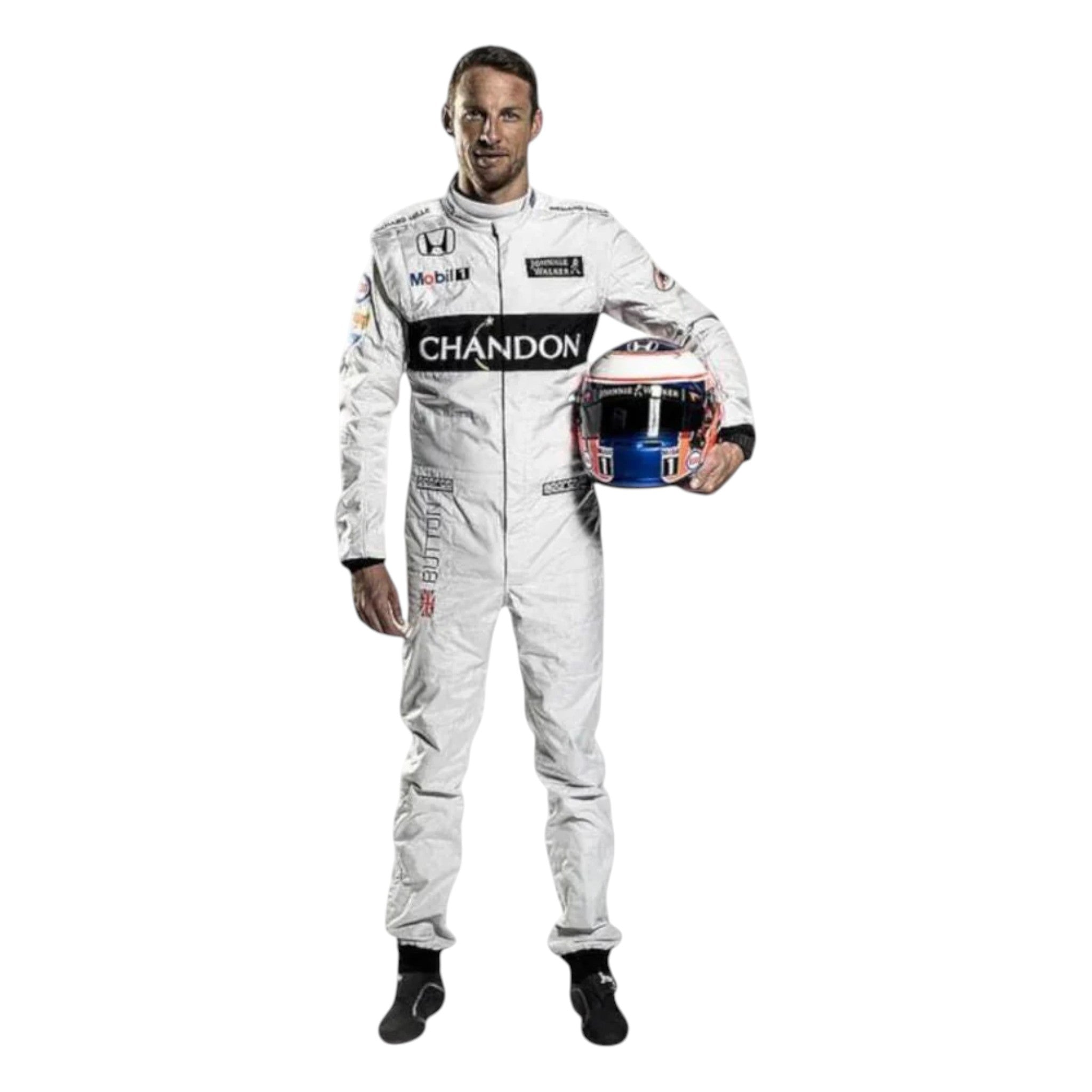 Jenson Button 2016 McLaren F1 race suit in white with black Chandon branding and McLaren Honda sponsor logos
