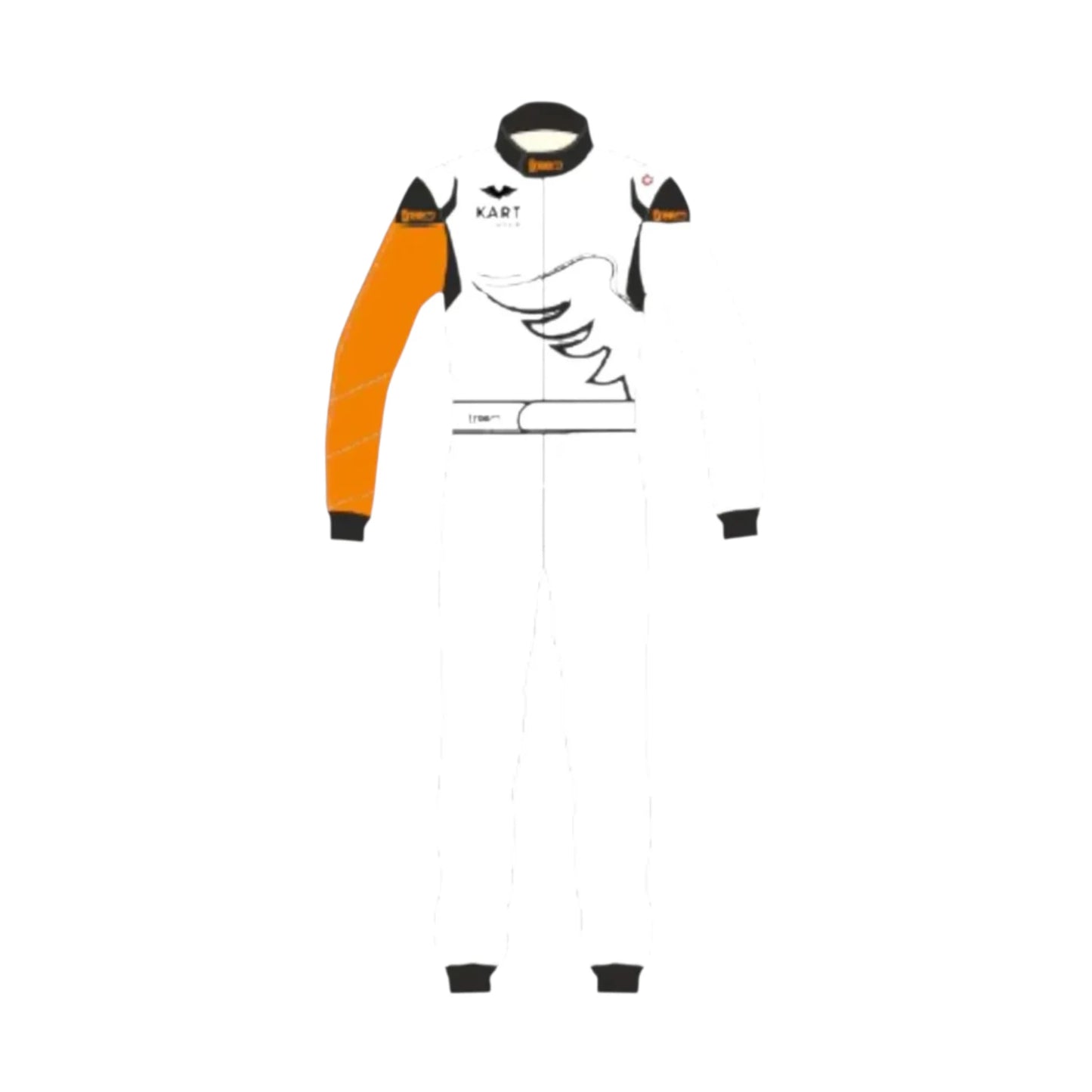 Kart Republic Asymmetric Go Kart Racing Suit featuring white orange and black karting graphics with professional motorsport detailing