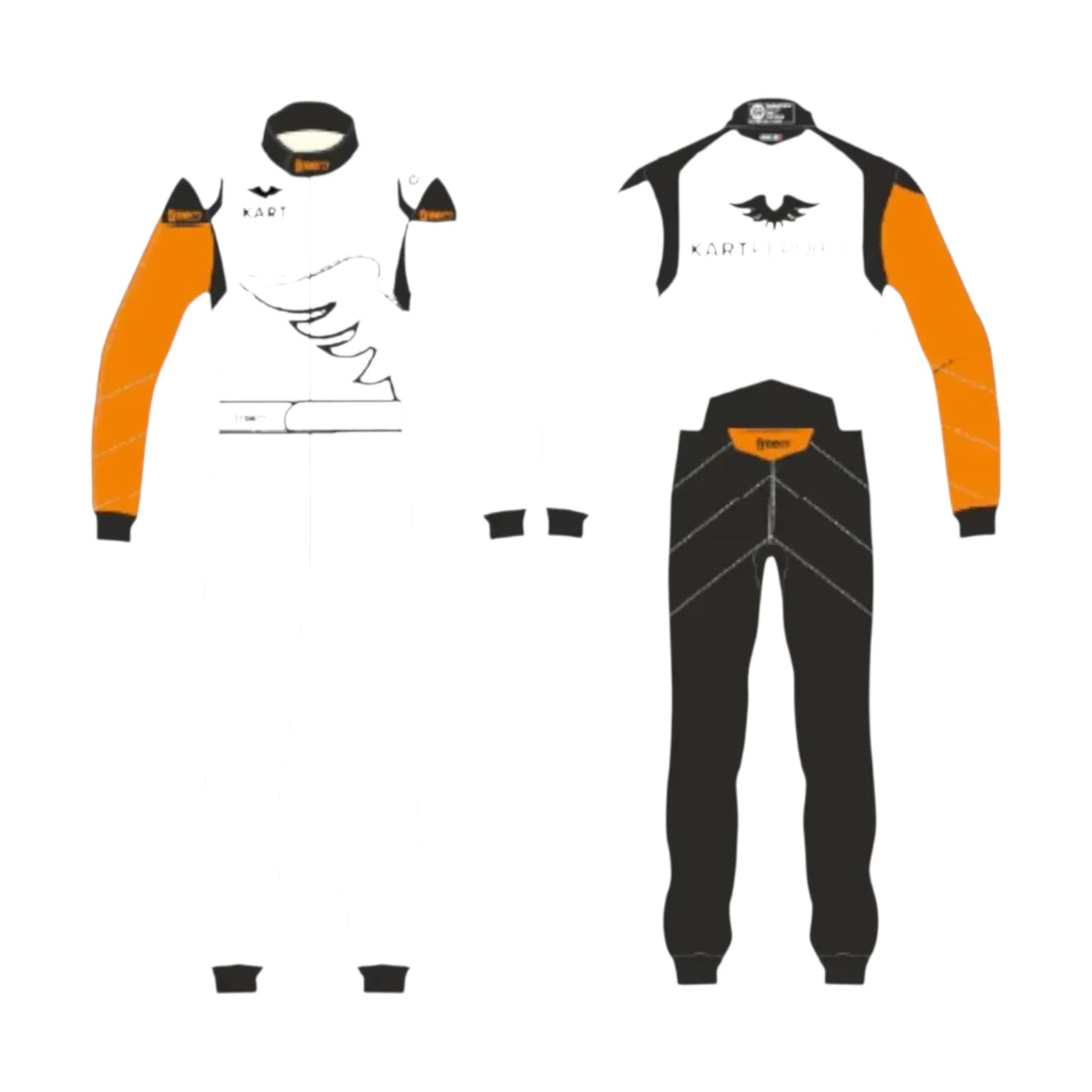 Kart Republic Asymmetric Go Kart Racing Suit featuring white orange and black karting graphics with professional motorsport detailing