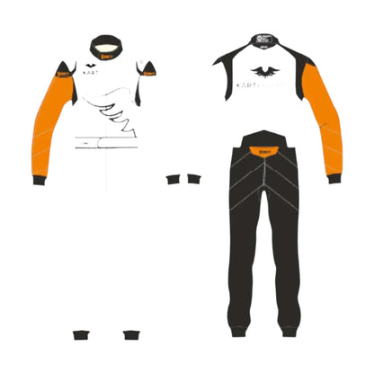 Kart Republic Asymmetric Go Kart Racing Suit featuring white orange and black karting graphics with professional motorsport detailing