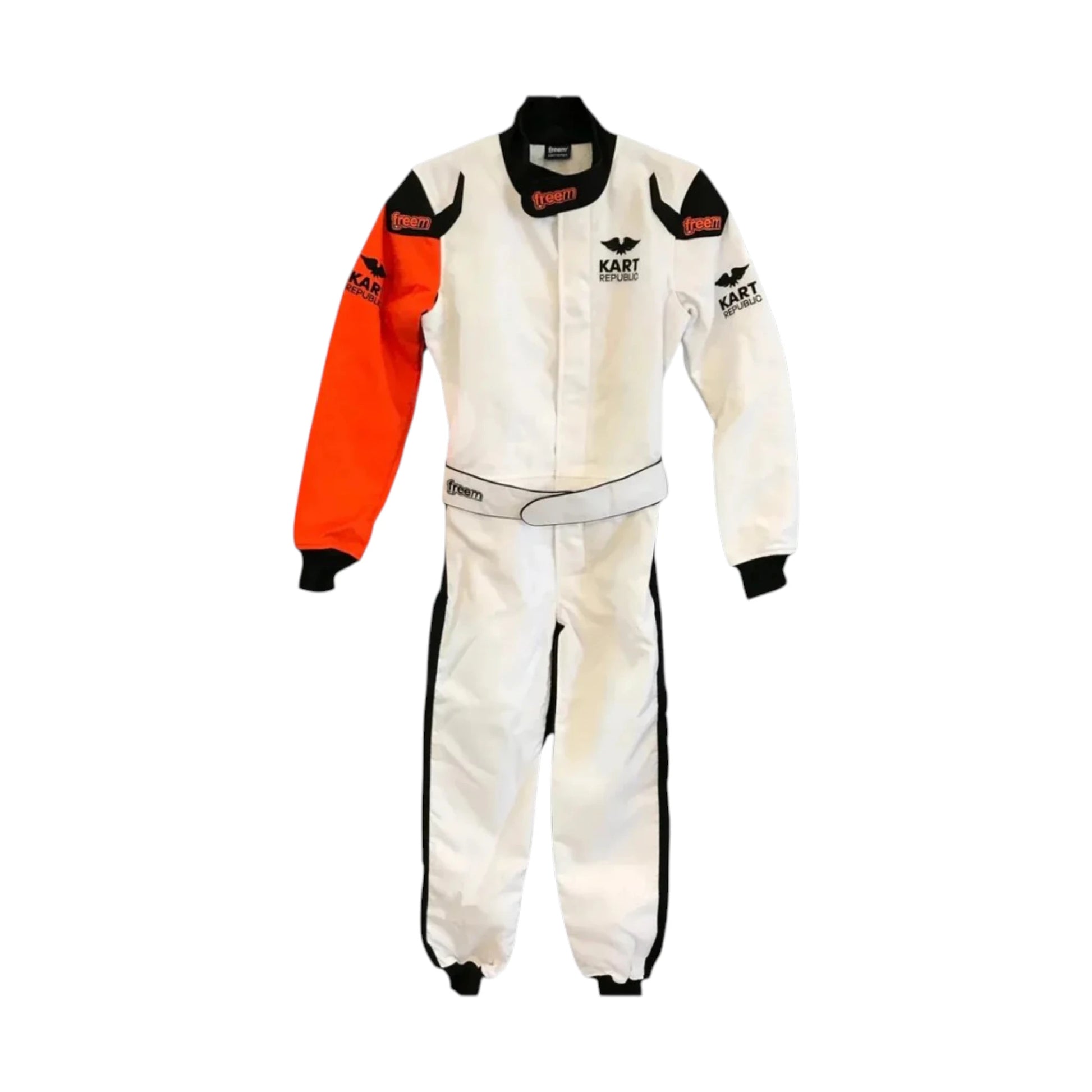 Kart Republic Factory Panel Go Kart Racing Suit featuring white orange and black factory karting graphics with professional motorsport detailing