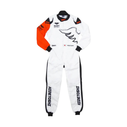 Kart Republic Grand Prix Go Kart Racing Suit featuring white orange and black karting graphics with professional motorsport detailing