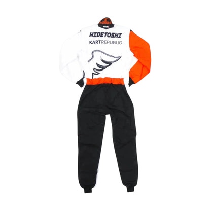 Kart Republic Grand Prix Go Kart Racing Suit featuring white orange and black karting graphics with professional motorsport detailing