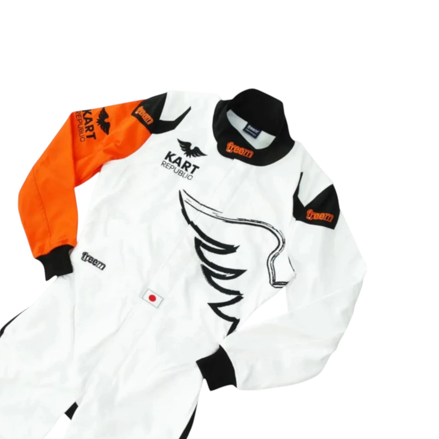 Kart Republic Grand Prix Go Kart Racing Suit featuring white orange and black karting graphics with professional motorsport detailing