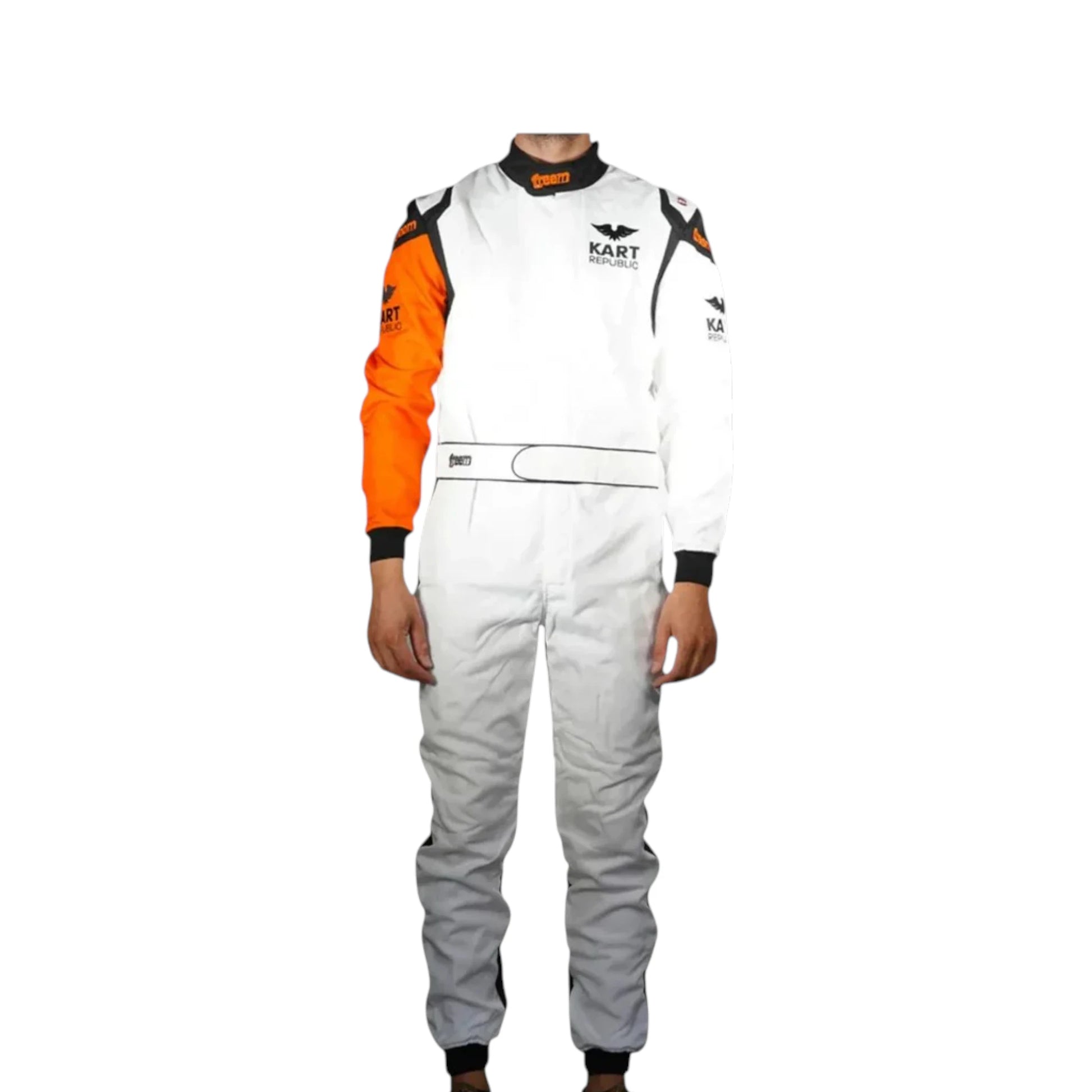 Kart Republic Minimalist Go Kart Racing Suit featuring white orange and black karting graphics with professional motorsport detailing