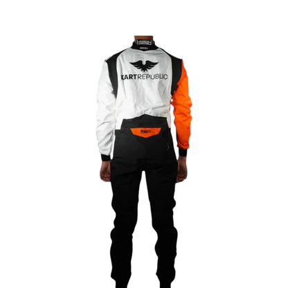 Kart Republic Minimalist Go Kart Racing Suit featuring white orange and black karting graphics with professional motorsport detailing
