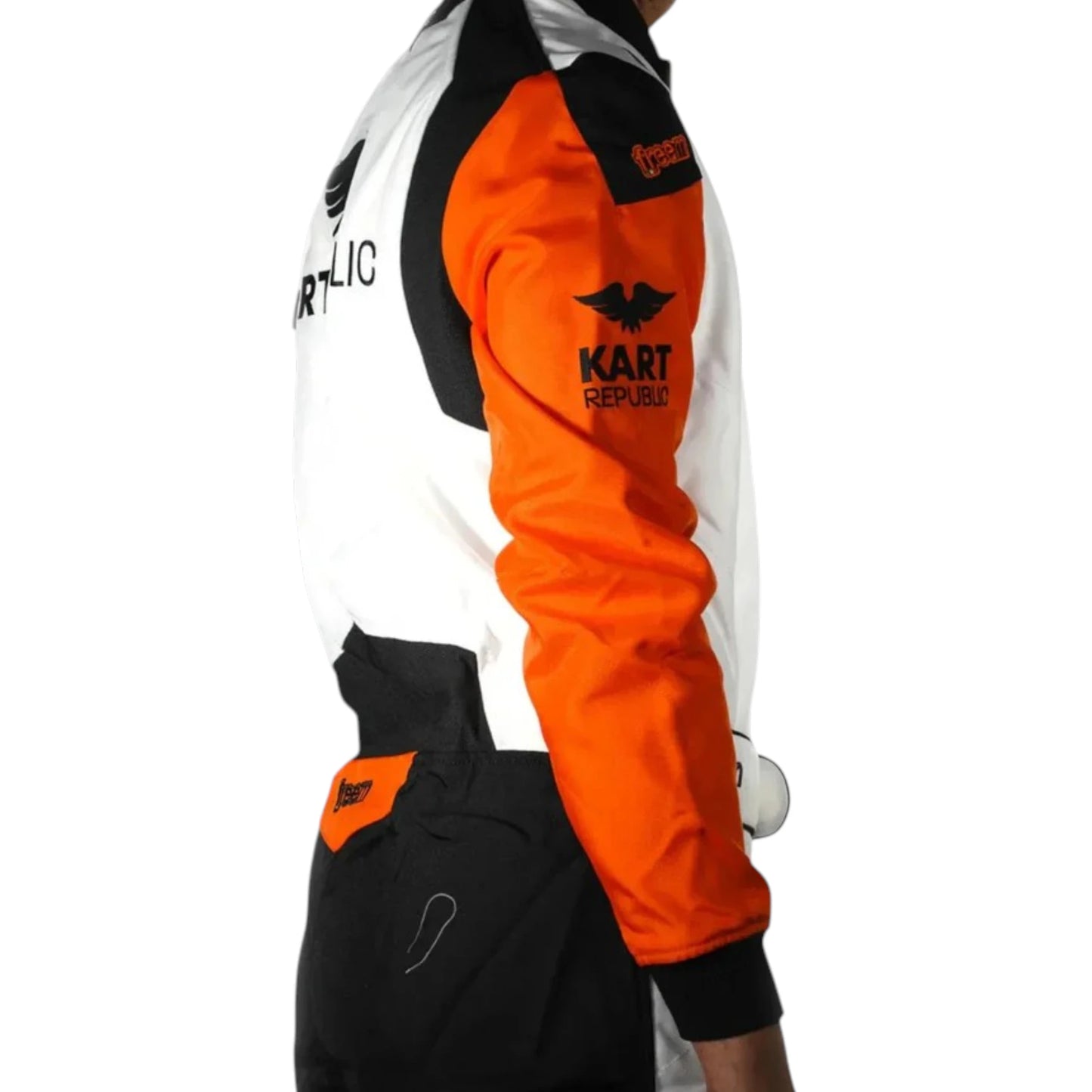 Kart Republic Minimalist Go Kart Racing Suit featuring white orange and black karting graphics with professional motorsport detailing