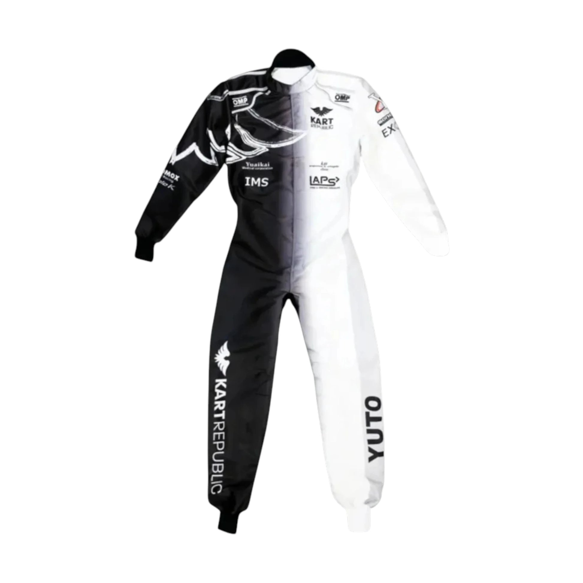 Kart Republic Split Panel Go Kart Racing Suit featuring black and white split panel karting graphics with professional motorsport detailing
