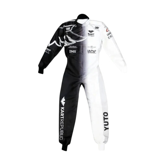 Kart Republic Split Panel Go Kart Racing Suit featuring black and white split panel karting graphics with professional motorsport detailing