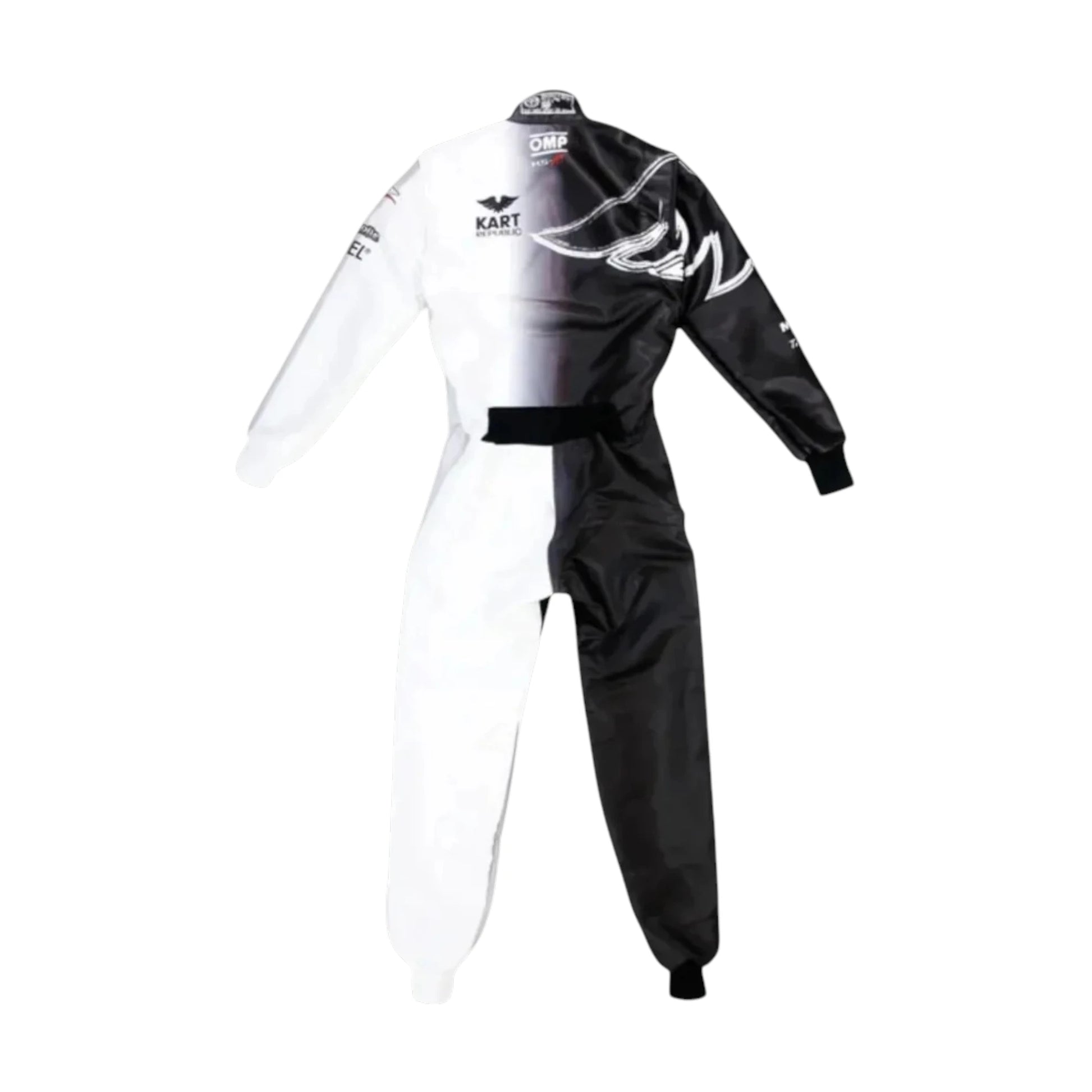 Kart Republic Split Panel Go Kart Racing Suit featuring black and white split panel karting graphics with professional motorsport detailing