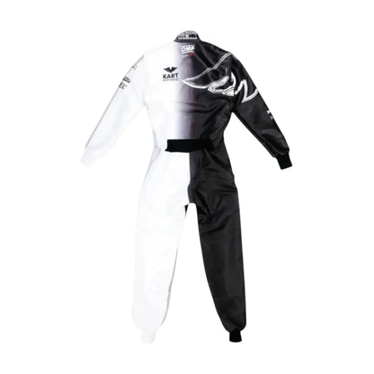 Kart Republic Split Panel Go Kart Racing Suit featuring black and white split panel karting graphics with professional motorsport detailing