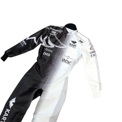 Kart Republic Split Panel Go Kart Racing Suit featuring black and white split panel karting graphics with professional motorsport detailing