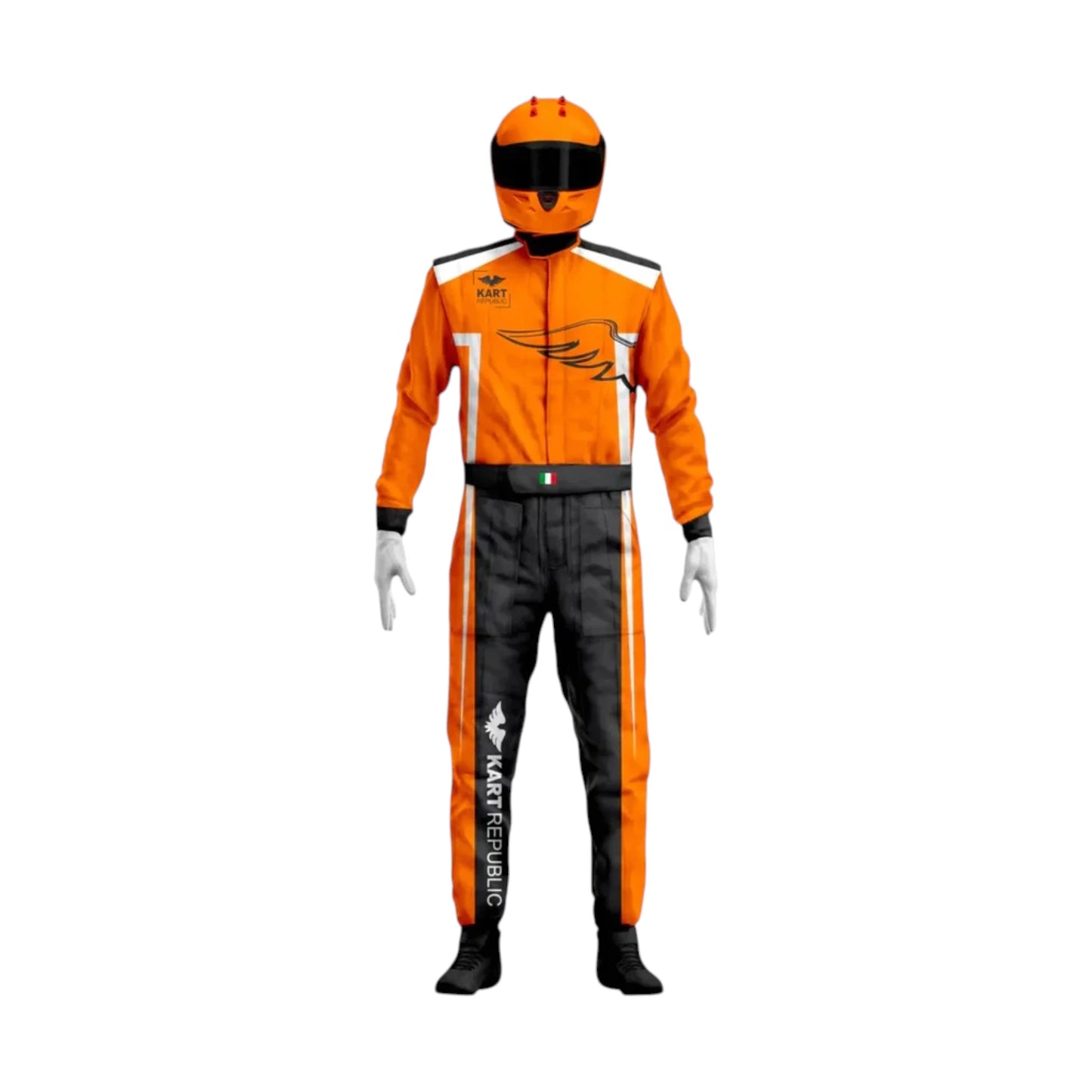 Kart Republic Team Edition Go Kart Racing Suit featuring orange black and white karting graphics with professional motorsport detailing