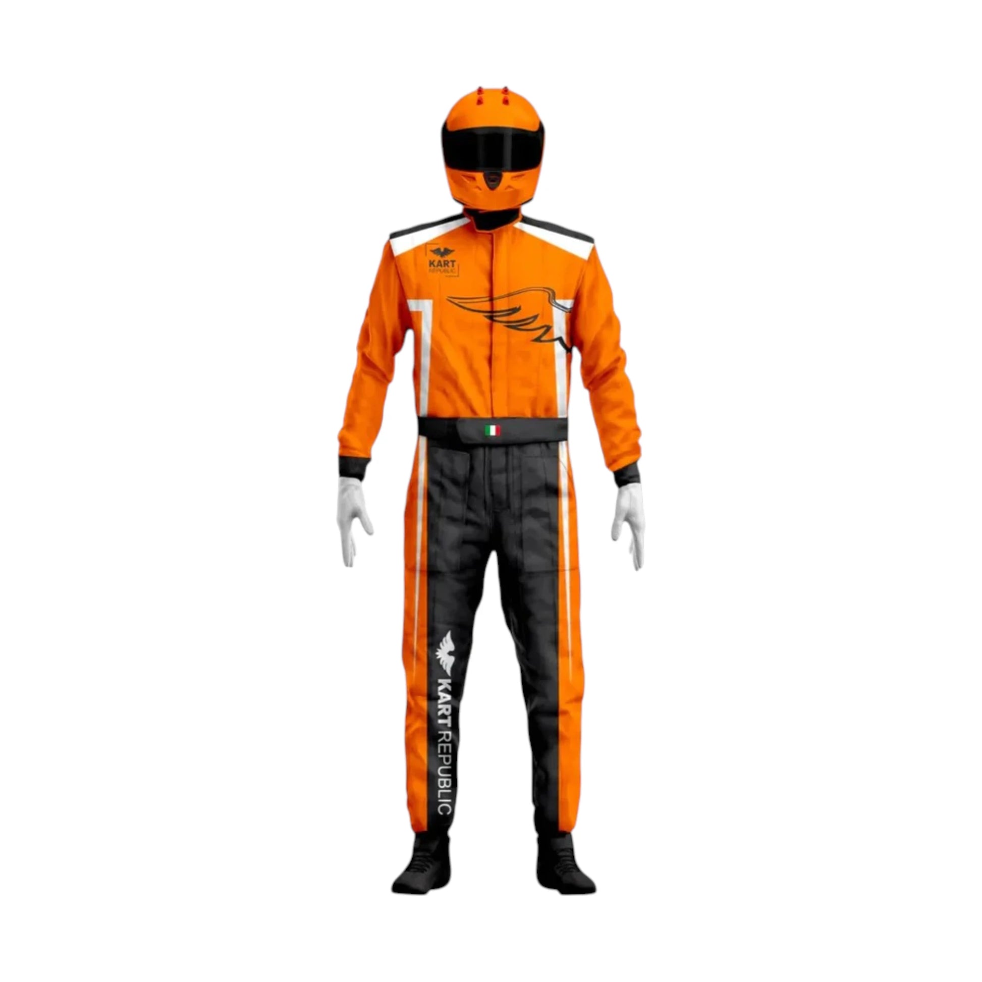 Kart Republic Team Edition Go Kart Racing Suit featuring orange black and white karting graphics with professional motorsport detailing
