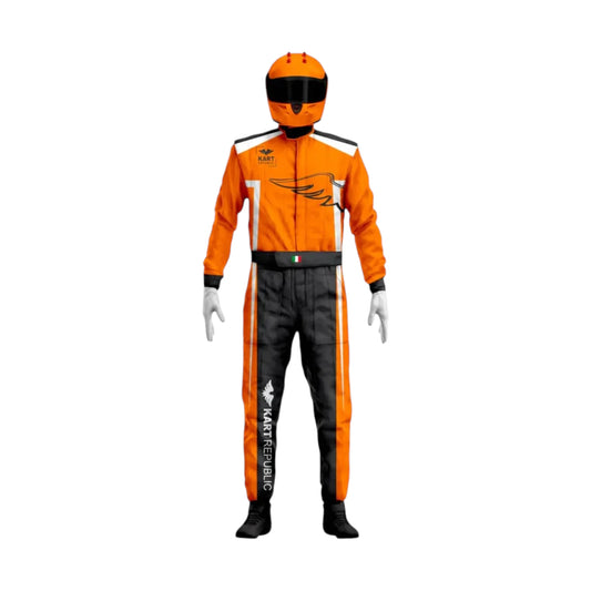 Kart Republic Team Edition Go Kart Racing Suit featuring orange black and white karting graphics with professional motorsport detailing