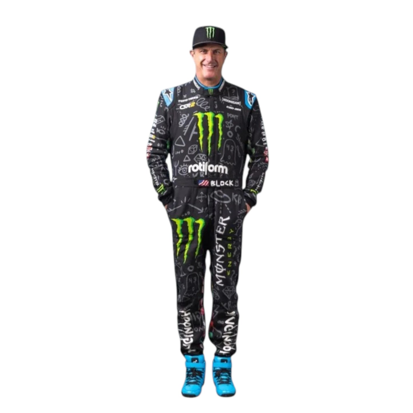 Ken Block 2022 Monster Go Kart Racing Suit featuring Monster Energy inspired motorsport graphics and professional kart racing design