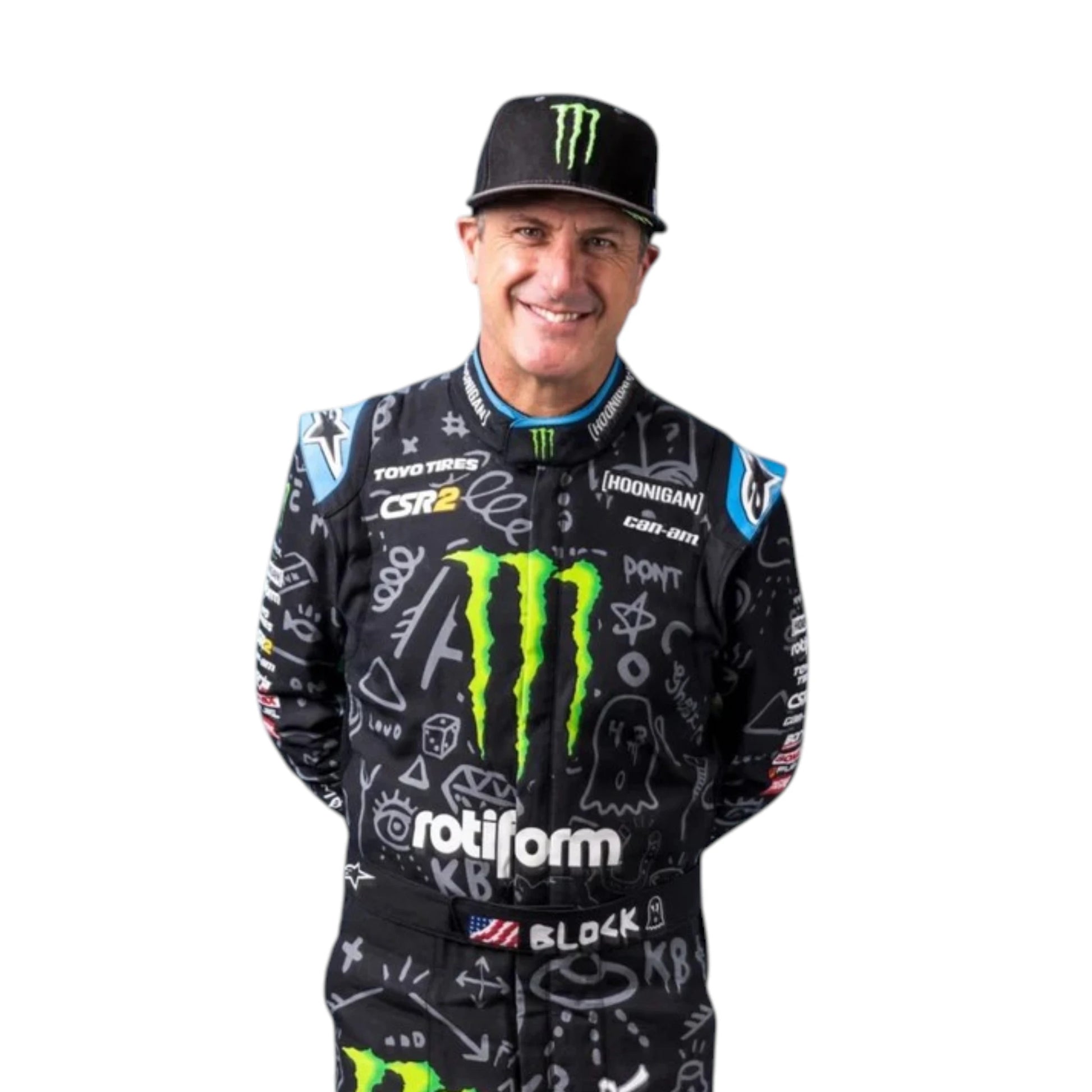 Ken Block 2022 Monster Go Kart Racing Suit featuring Monster Energy inspired motorsport graphics and professional kart racing design