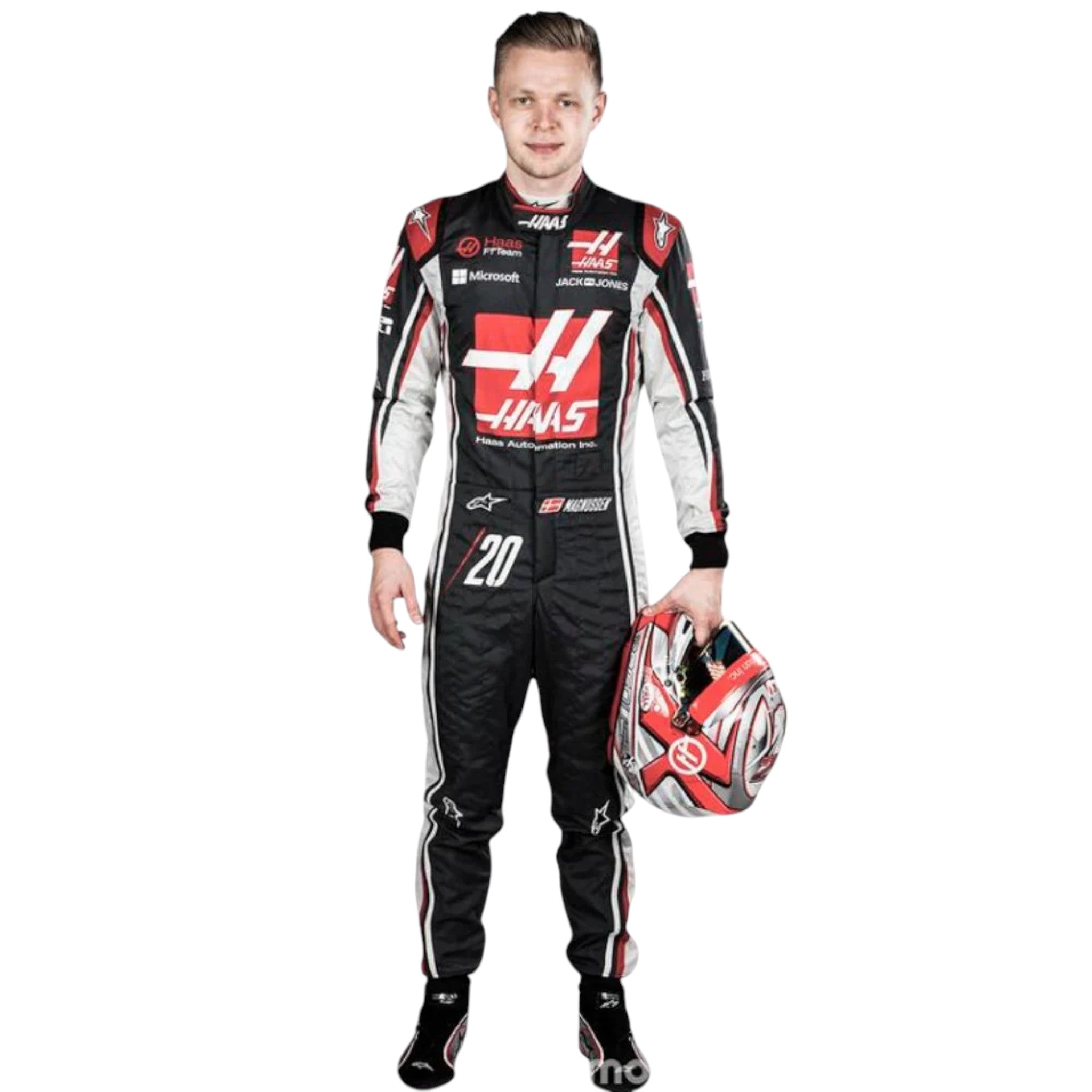 Kevin Magnussen 2017 Haas F1 race suit in black with white and red accents and sponsor logos
