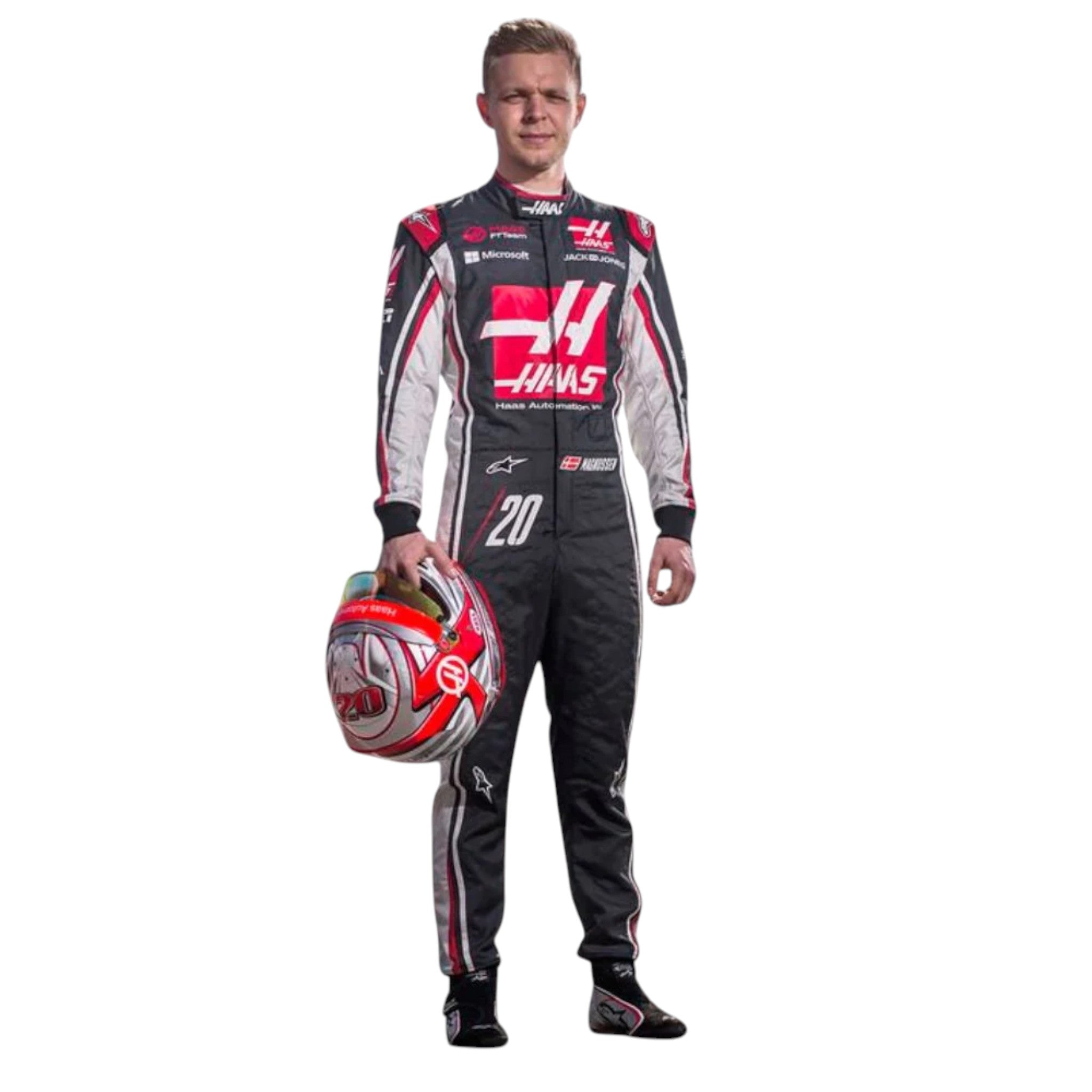 Kevin Magnussen 2017 Haas F1 race suit in black with white and red accents and sponsor logos