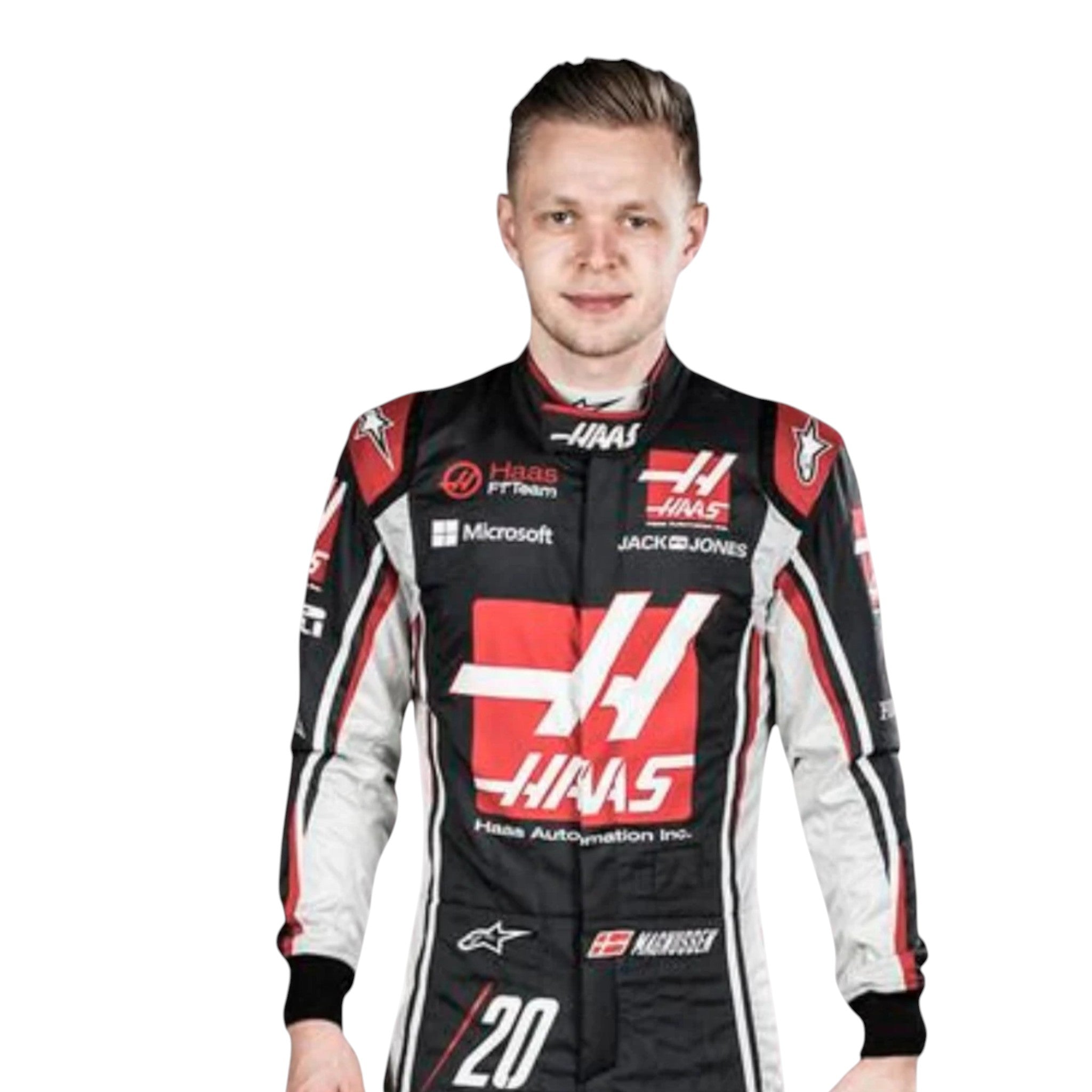 Kevin Magnussen 2017 Haas F1 race suit in black with white and red accents and sponsor logos
