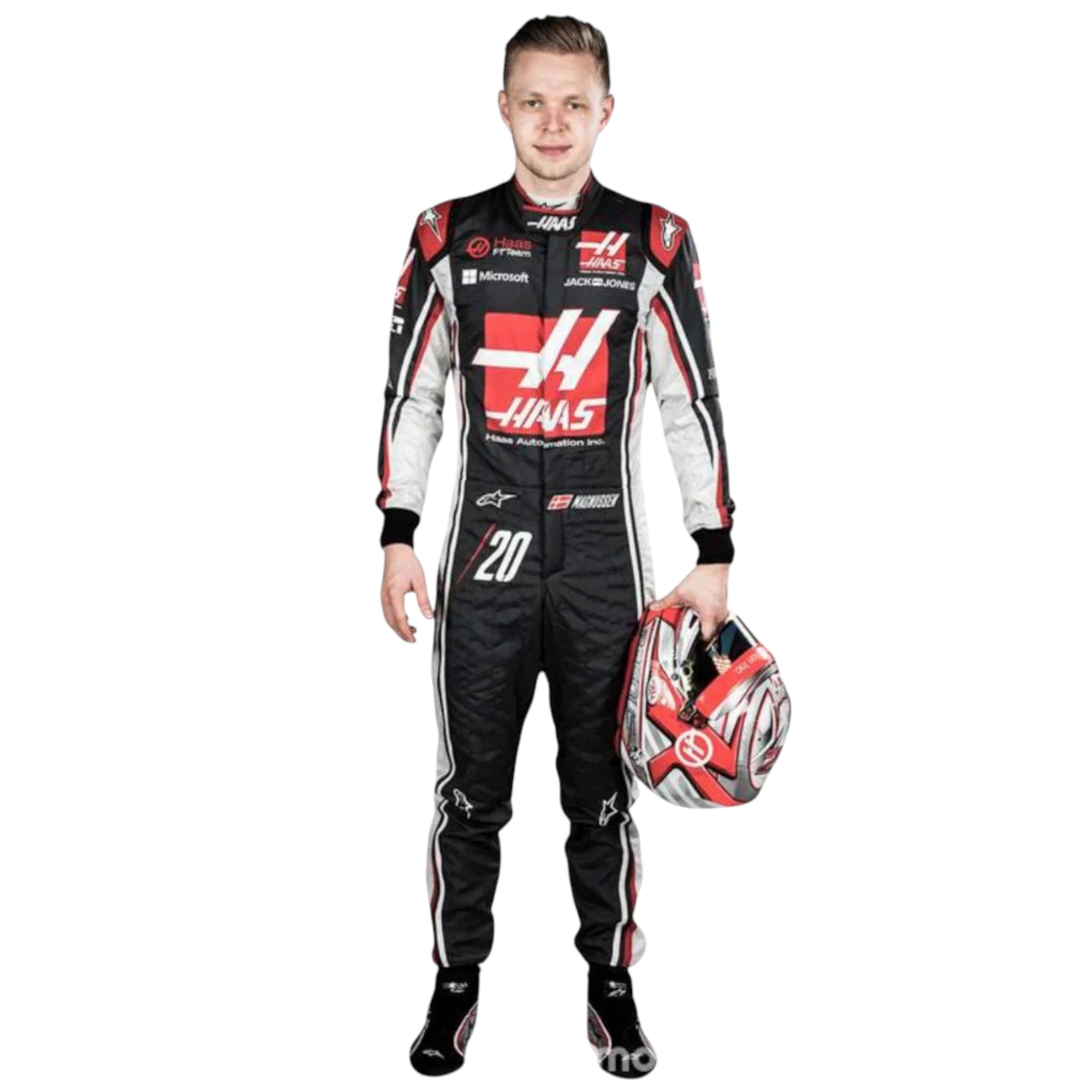 Kevin Magnussen 2018 Haas F1 race suit in black with white and red accents and sponsor logos