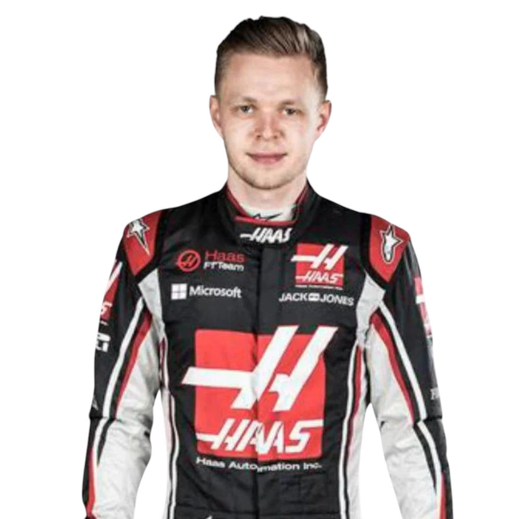 Kevin Magnussen 2018 Haas F1 race suit in black with white and red accents and sponsor logos