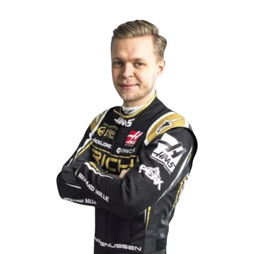 Kevin Magnussen 2019 Haas F1 race suit in black and gold with sponsor logos