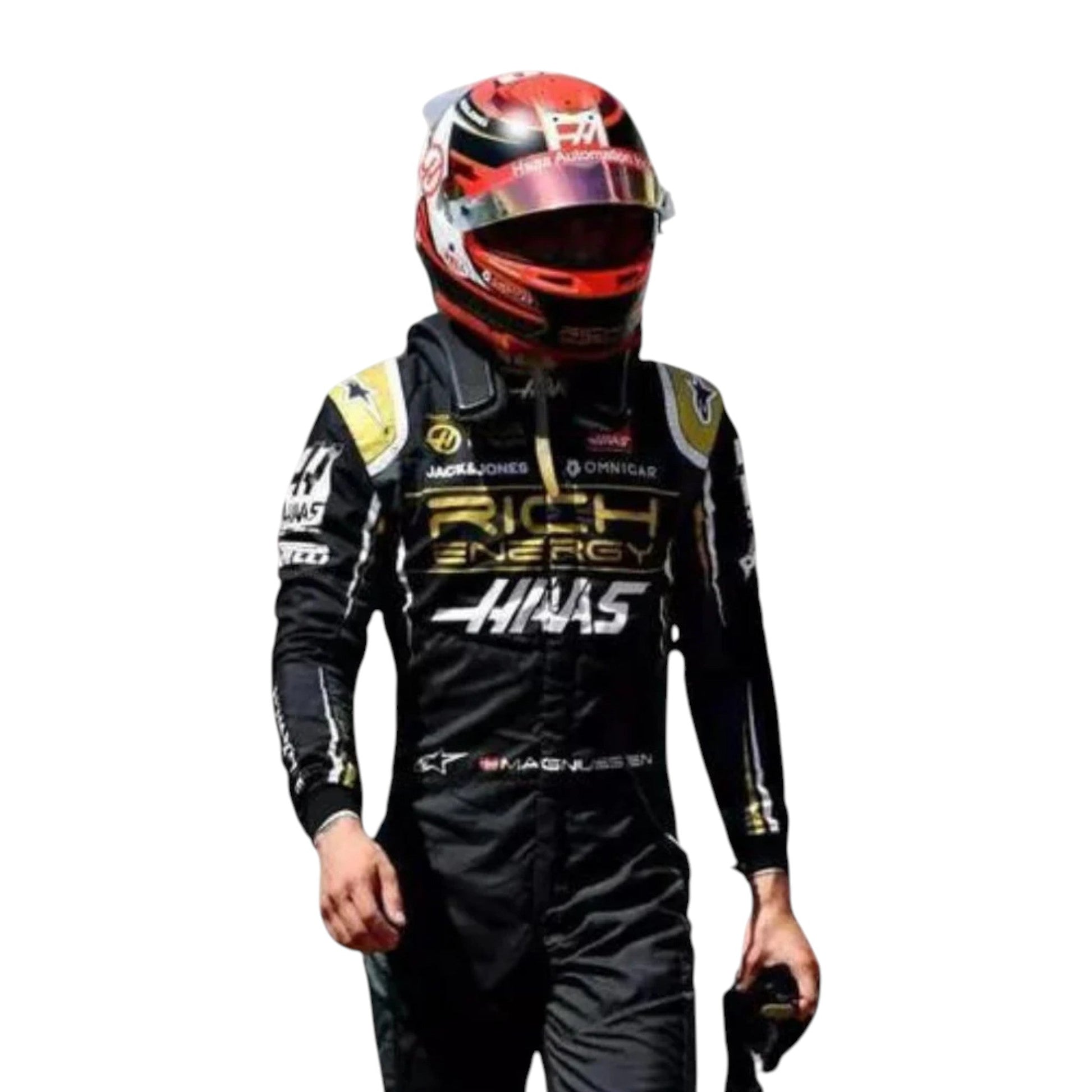 Kevin Magnussen 2019 Haas F1 race suit in black and gold with sponsor logos