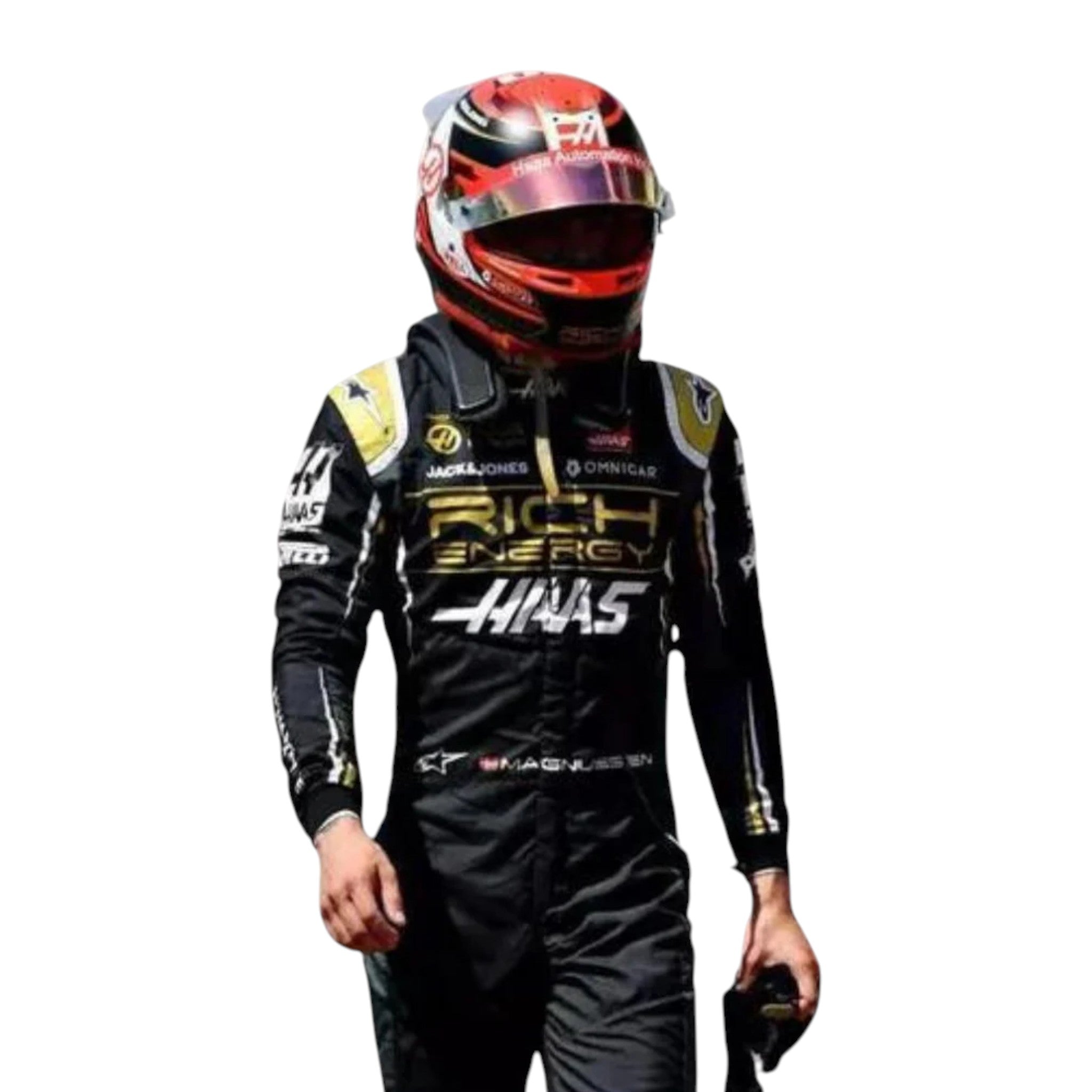 Kevin Magnussen 2019 Haas F1 race suit in black and gold with sponsor logos