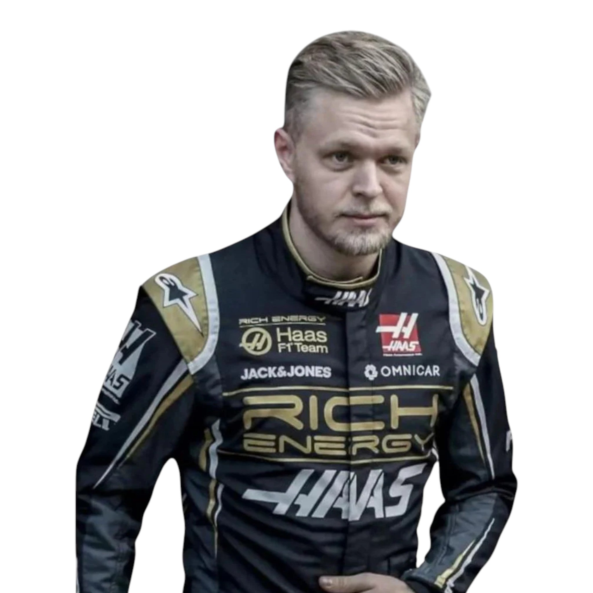 Kevin Magnussen 2019 Haas F1 race suit in black and gold with sponsor logos